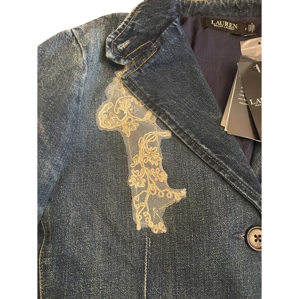 Lauren Ralph Lauren Womens Blazer Jean Jacket Sz 2 Embellished Lace Insulated - Picture 9 of 16